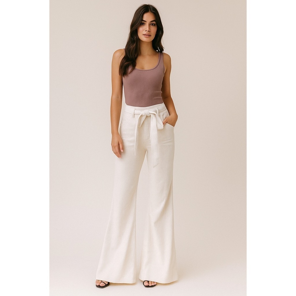NEW Bohme High Waisted Belted Wide-Leg Cream Corduroy Trousers